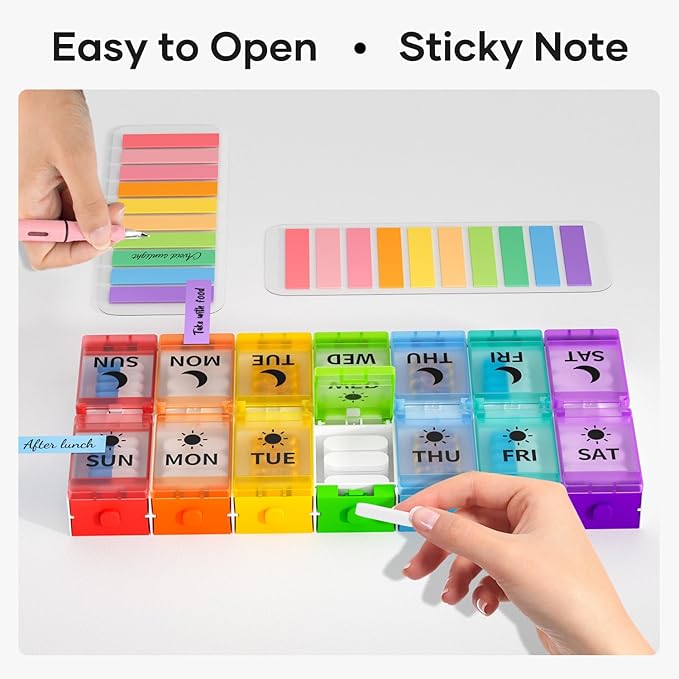Push Button Weekly Pill Organizer 2 Times a Day, Medicine Pill Organizer with Labels, Pill Box Case 7 Day AM PM BPA-Free, Pill Container for Vitamins, Fish Oil, Supplements and Medication