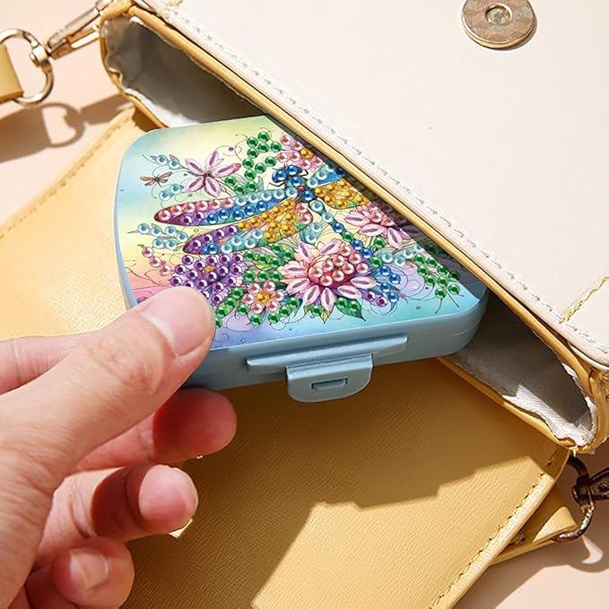 C'eitura DIY Dragonfly Diamond Art Painting Blue Pill Organizer with 6 Lid Detachable Compartments, Fun DIY Craft Project for Adults, Elegant Pill Case for Purse & Travel