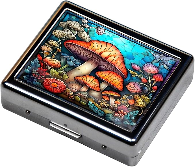 Silver Vintage Pill Box 7 Day Metal Pill Box with Mirror and 8 Compartments Cute Travel Pill Organizer for Purse (Mushroom Stained Glass)