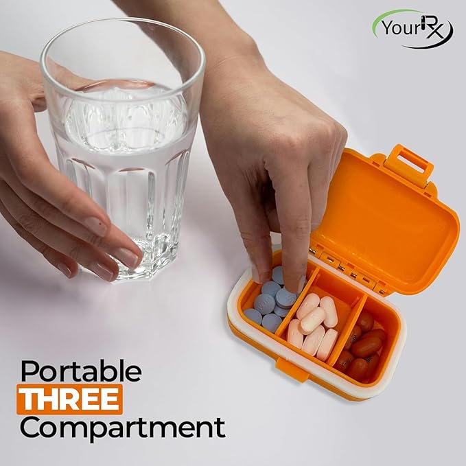 Travel Pill Organizer - Durable, Watertight Pill Case Travel Size with 3 Compartments - Compact Pill Travel Case for Vitamins, Supplements, Medicine - Travel Pill Container for Purse (Orange)