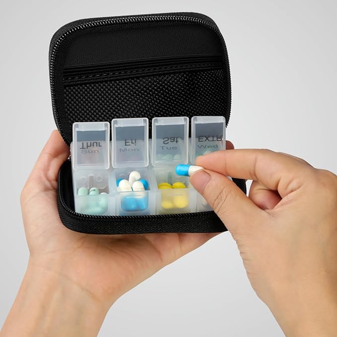 Pill Case Weekly Travel Pill Organizer for Purse with Removable 7 Day Pill Box Premium Neoprene Pill Container for Travel Purse Accessory, Vitamin, Supplement, Small Pieces Arrangement-Elegant Black