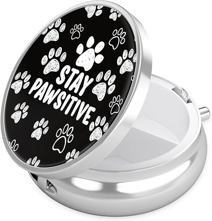 Paw Pill Case, Stay Pawsitive Pill Box 3 Compartments Metal Small Pill Holder with Mirror Mini Travel Pill Container for Purse Pocket Women Men
