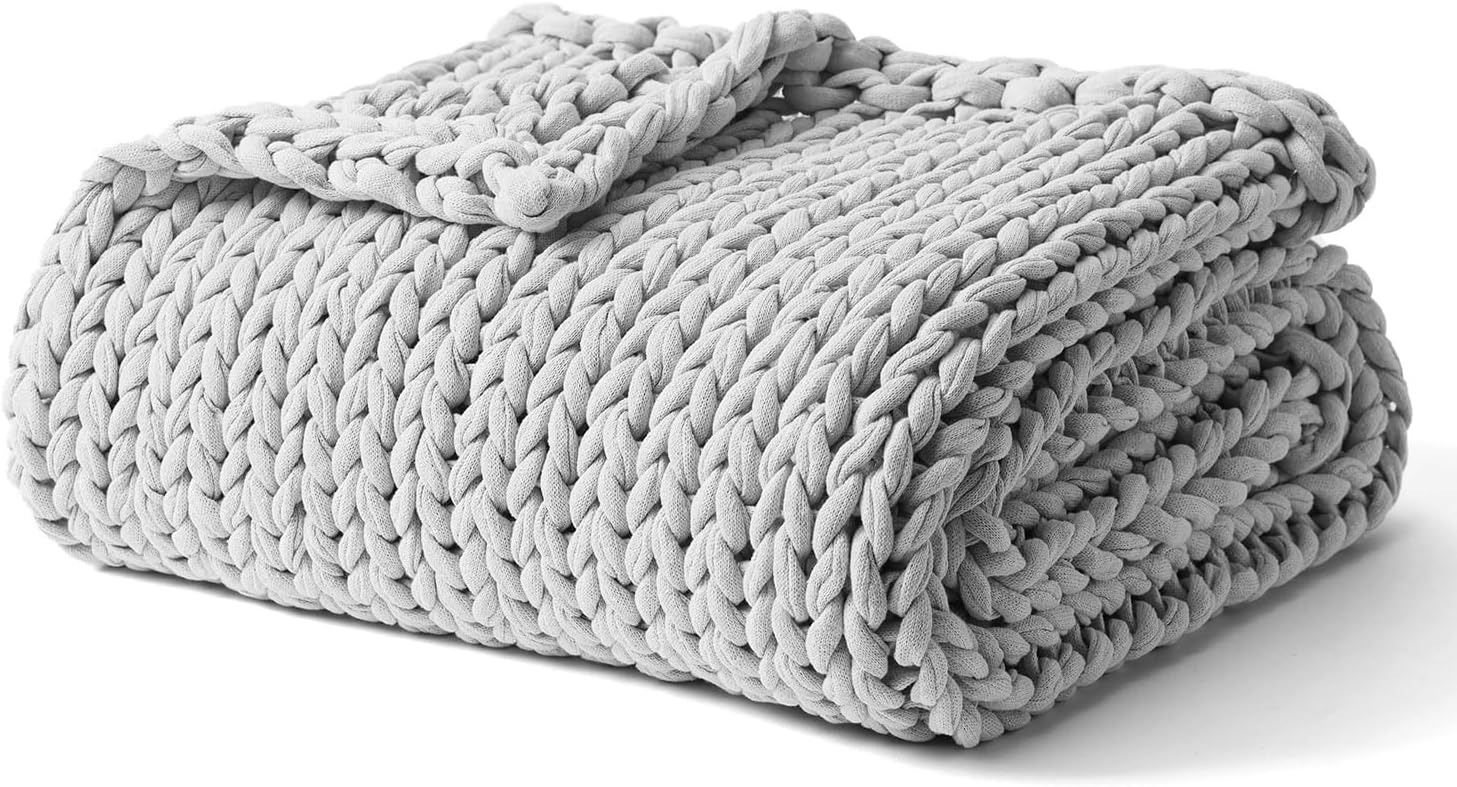 YnM Cooling Weighted Blanket, 100% Cotton Handmade Chunky Knitted Blanket, Weighted Lap, Breathable Heavy Blankets, Machine Washable Throw for Sleep or Home Decor (Light Grey, 35x40 Inch, 5lbs)