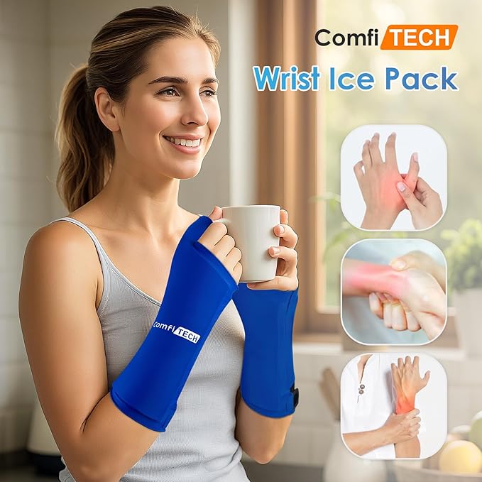 ComfiTECH Wrist Ice Pack Wrap 2 Pack, Flexible Hand Ice Pack for Carpal Tunnel, Thumb & Forearm, Reusable Gel Cold Sleeve with Adjustable Strap for Comfort and Support, Blue, Medium