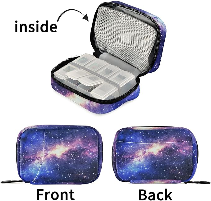 Fustylead Beautiful Universe Filled with Stars Nebula and Galaxy Pill Organizer and Storage Weekly with Zipper, Removable Pill Box Portable Medicine Organizer for Vitamin Fish Oil Supplement