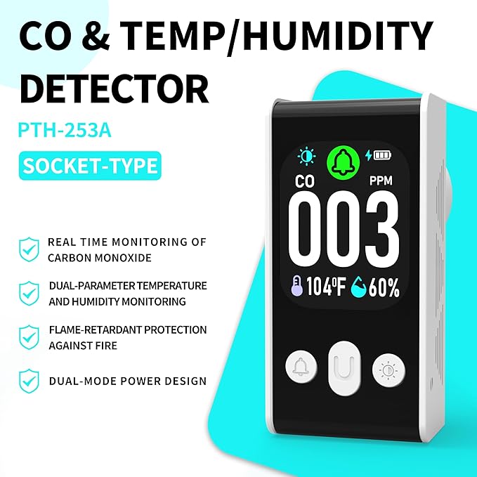 Protmex 3-in-1 Plug-in Carbon Monoxide Detector, Portable CO Alarm with Temperature & Humidity Monitor, 2.0-inch Display, 85dB Dual Alarm, Backup Battery for Home RV Bedroom Office