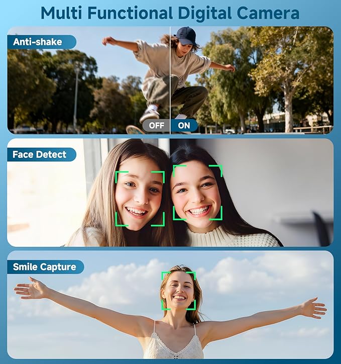 Digital Camera, 56MP Dual Screen Autofocus Vlogging Camera, 16X Zoom Point and Shoot Camera for Photography, Anti-Shake, 32GB Card, Compact Camera for Teens Adults,Blue