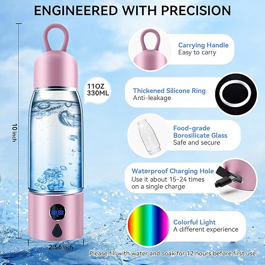 Hydrogen Water Bottle with Three Modes Produces 5000 PPB of Hydrogen Water in 8 Minutes,Made of Aluminium and Glass,with Colorful Light,Rechargeable for Travelling,Office,Home