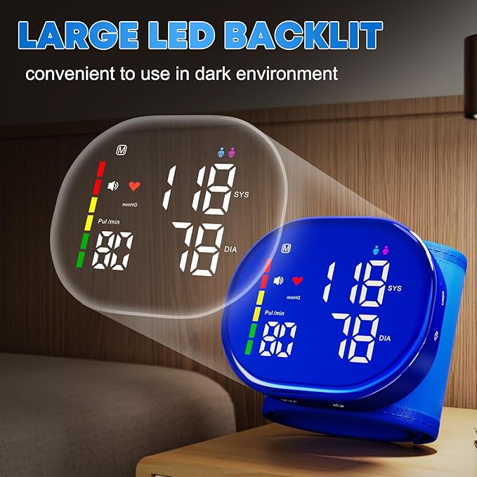Rechargeable Wrist Blood Pressure Monitor for Home Use, Automatic BP Machine with LED Display, Dual Users ×120 Memory, One-Button Operation & Adjustable Cuff, Portable Carrying Case Included