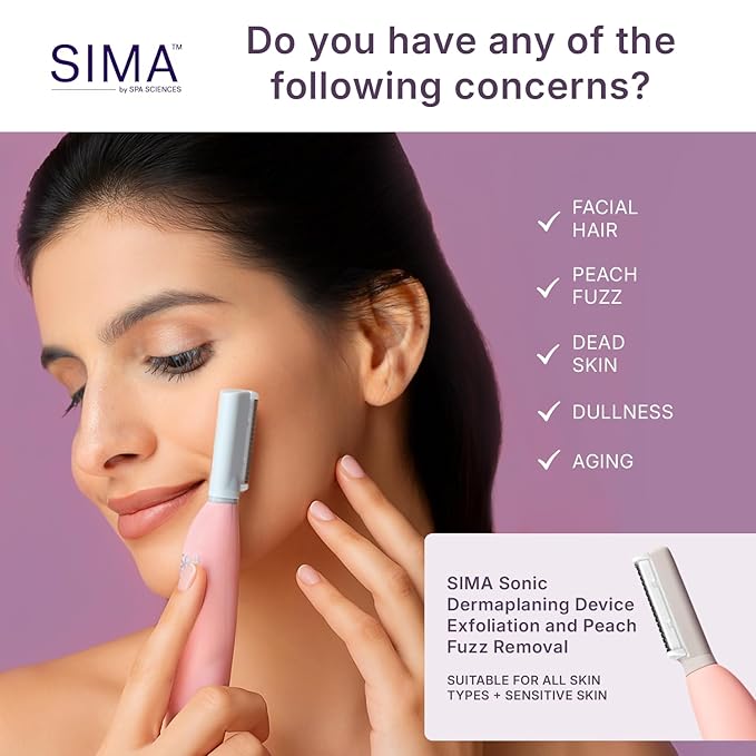 SPA SCIENCES - SIMA Patented Dermaplane Razor for Women Face – Painless 2-in-1 Facial Exfoliation & Peach Fuzz Hair Removal – Anti-Aging – 3 Speeds – Rechargeable – 7 Weeks Treatment