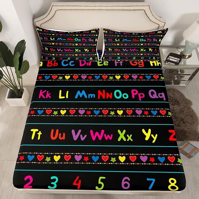 ABC Alphabet Bed Sheet Set Full, Alphabet Numbers Fitted Sheet for Kids Educational Learning Bedding Set Learning Time Bed Cover with 2 Pillow Case (No Flat Sheet)