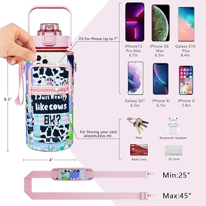 Half Gallon Water Bottle with Sleeve - I Just Really Like Cows OK? - BPA Free Water Bottle 64 OZ - Leakproof Water Jug with Time Marker