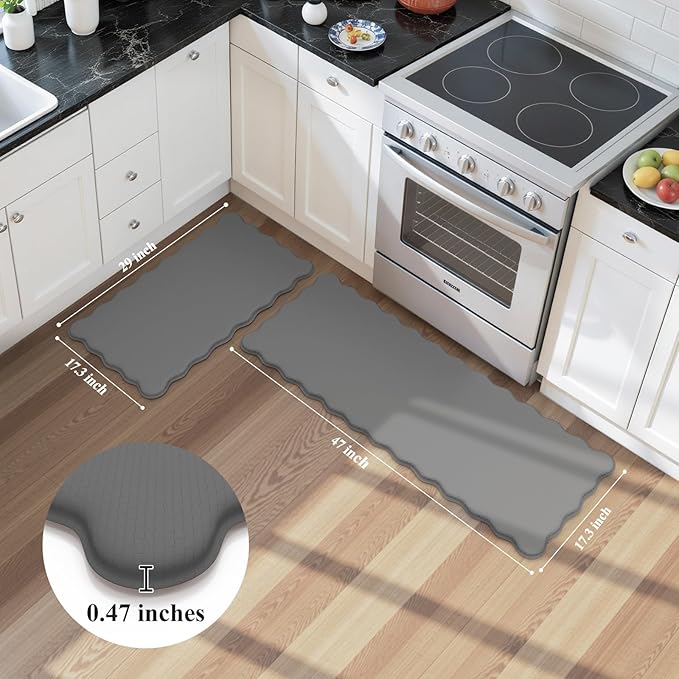 KIMODE Anti Fatigue Kitchen Mats for Kitchen Floor,Scalloped Kitchen Rugs Sets of 2 Non Slip,Cushioned Padded Memory Foam Kitchen Floor Mat Carpet for Office Laundry Sink,Grey