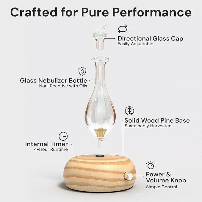 ArOmis Premium Glass Essential Oils Nebulizer - Waterless Diffuser for Aromatherapy - Handmade Oil Diffuser, Wooden Base, No Plastic, No Heat, No Battery, No LEDs - Orbis Lux Merus