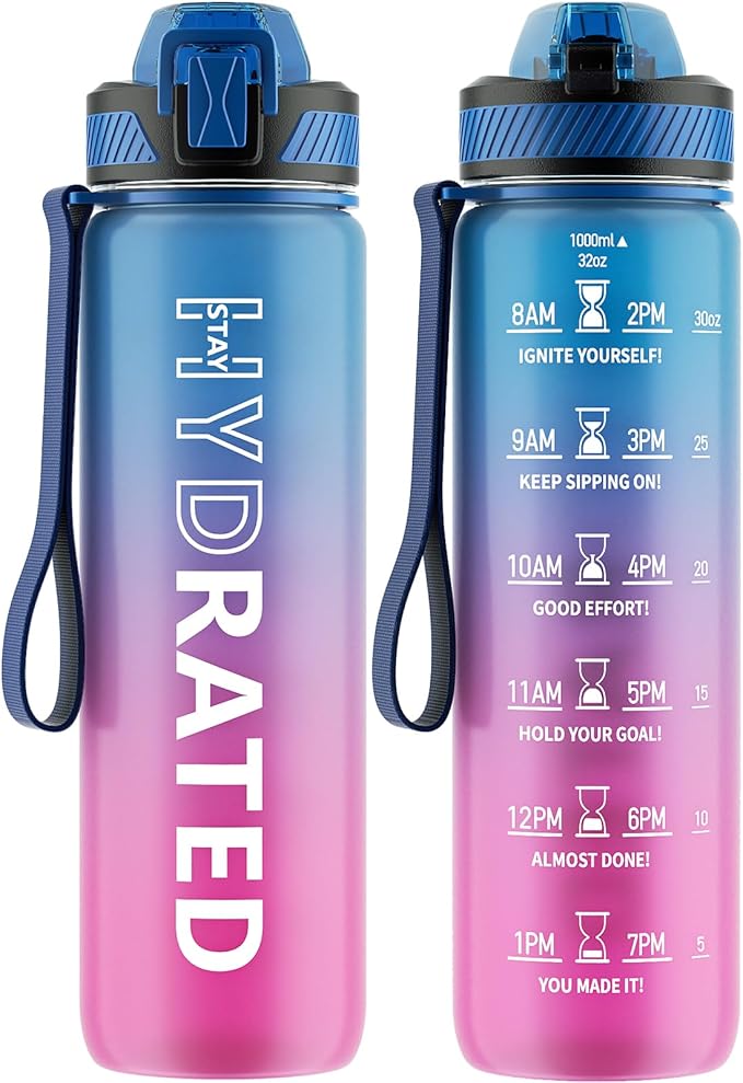 Water Bottle with Straw, 32oz Motivational Water Bottles with Time Marker to Drink, Tritan BPA Free, 1L Sports Water Bottle with Carry Strap LeakProof for Women Gym Fitness Outdoor (1 Pack)