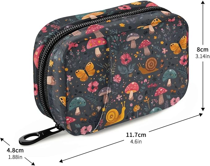 Pill Box Snail Mushroom Palm Leaves 7 Day Pill Case Travel Pill Organizer Bag with Zipper Portable Weekly Vitamin Medicine Supplement Holder Pouch Bag