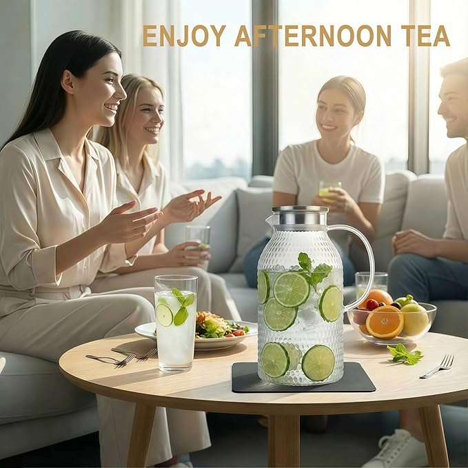 Glass Pitcher with Lid,3 Liter 101oz Glass Water Pitcher, Iced Tea Pitcher, Cold/Hot water jug,Large Jug for Coffee, Juice and Homemade Beverage（Free anti-scratch pad）