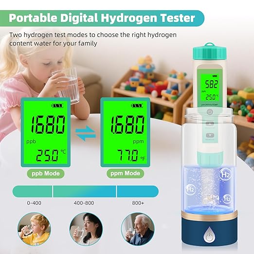 Hydrogen Water Tester, 4-in-1 pH H2 ORP Temp Meter, High Accuracy Hydrogen Tester for Water, Portable ORP Meter for Drinking Water, Aquarium, Hydrogen Water Bottle, Home and Lab Use, Pool