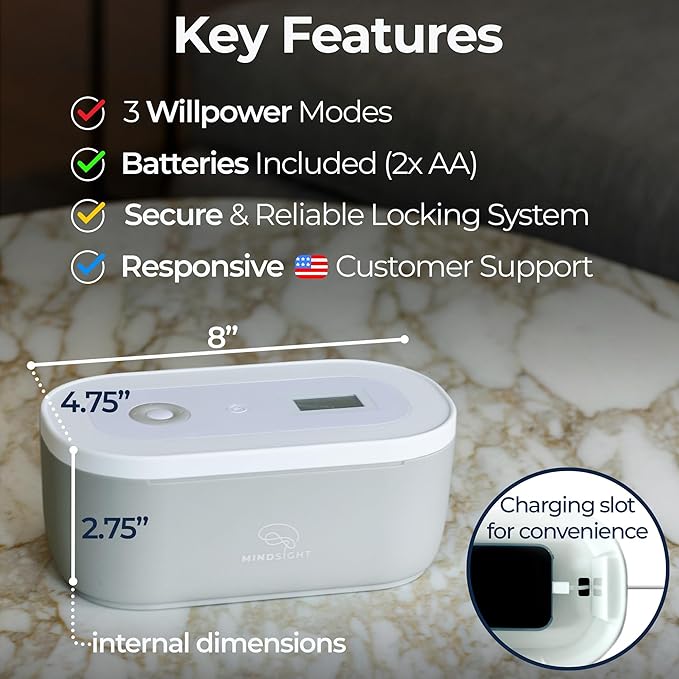 Mindsight Timed Lock Box | Unplug from Phones, Video Games, Social Media, Snacks & Cravings | 3 Modes based on Willpower | Easy to Use | Out of Sight ~ Out of Mind | Boost Your Mental Wellness