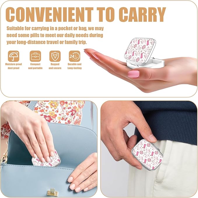 Pill Box-2 Compartment Small Pill Case Square Organizer Case with Mirror Portable Metal Medicine Box Travel Container for Pocket & Purse Women Men(Pink Western Girl)