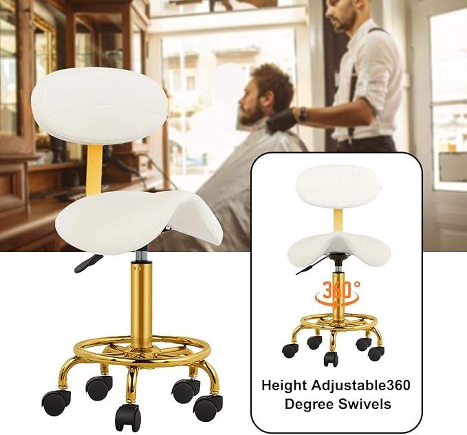 Saddle Stool with Back Support Ergonomic Saddle Chair with Wheels Hydraulic Stool Rolling Soft Cushion for Tattoo Salon Shop Spa Home White