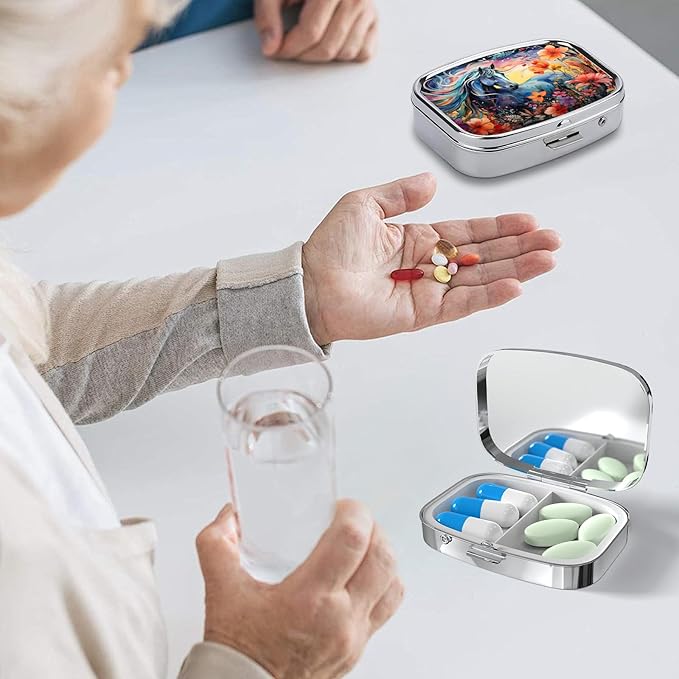 Pill Box-2 Compartment Small Pill Case Square Organizer Case with Mirror Portable Metal Medicine Box Travel Container for Pocket & Purse Women Men(Horse Flower)