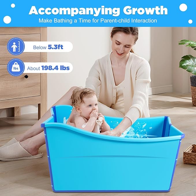Large Home Foldable Bathtub, Blue Portable Ice Soaking Bath Tub for Adult in Bathroom, Freestanding Tub with 3.6ft Drain Hose & Drain Plug