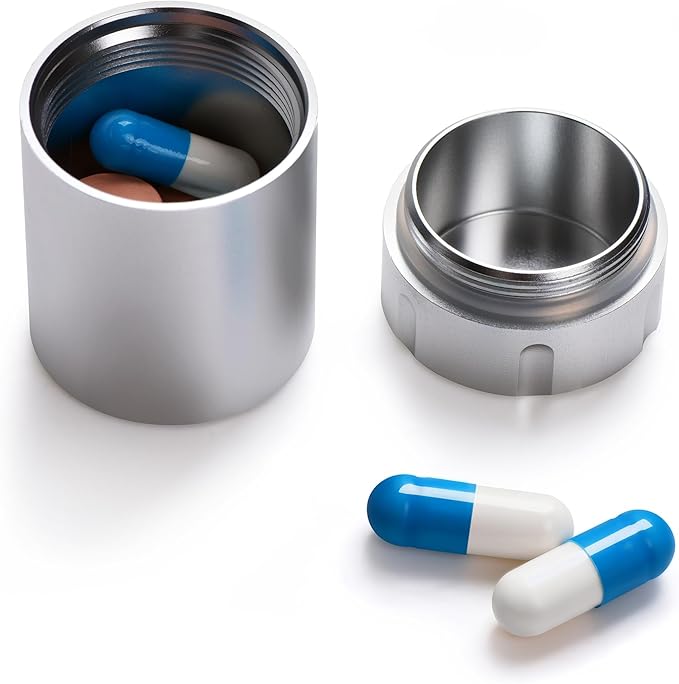 Portable Metal Small Pill Case, Aluminium Alloy Round Pill Box for Travel, Waterproof Pill Box Organizer, Pocket Daliy Pill Holder Pill Container for Medicine Vitamin Fish Oils (Silver)