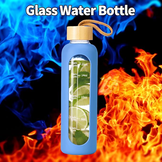18 OZ Glass Water Bottles, Water Bottle with Time Marker, Leakproof Glass Water Bottles with Silicone Sleeves, Suitable for Offices and Gyms. (blue)