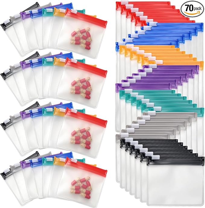 70 Pieces Pill Pouch Bags Zippered, Anglecai Reusable Pill Pouch for Medicine Bags Portable Self Sealing Travel Medicine Packets with Slide Lock Drug Baggies