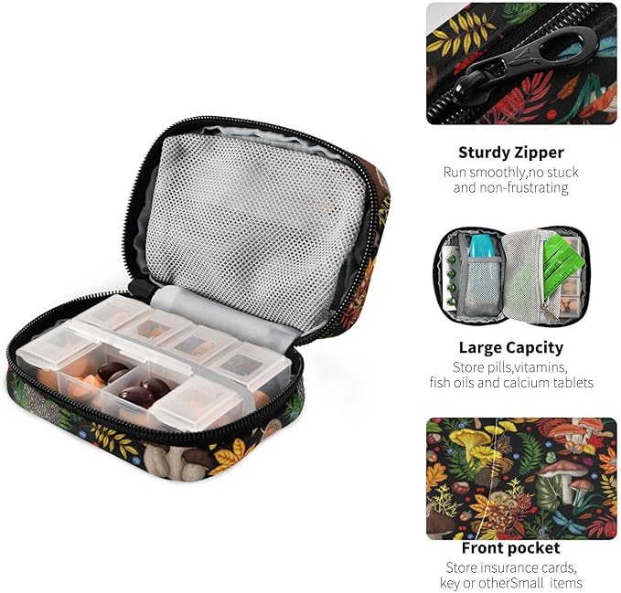 Pill Box Mushrooms Plants Insects Berries 7 Day Pill Case Travel Pill Organizer Bag with Zipper Portable Weekly Vitamin Medicine Supplement Holder Pouch Bag