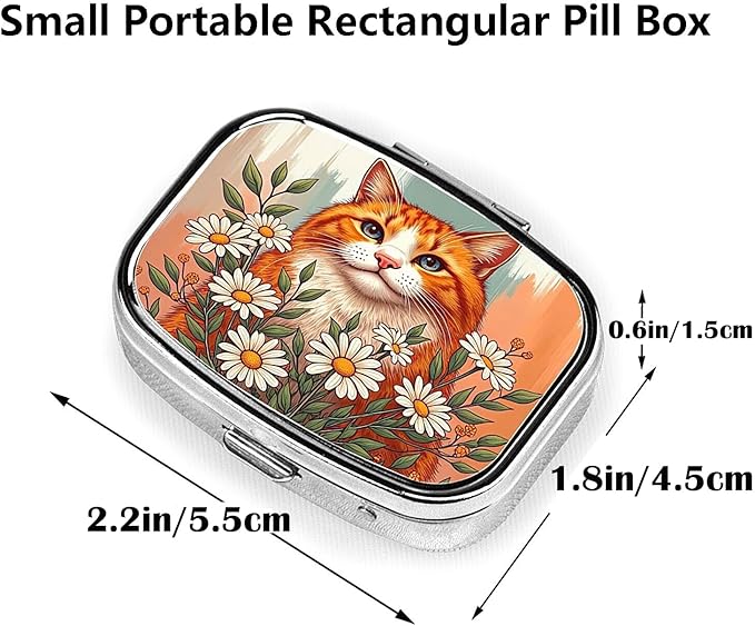 ABLESKY Pill Box, 2 Compartment Pill Organizer Case for Pocket or Purse, Small Portable Metal Travel Medicine Box with Mirror, Daily Vitamins Fish Oil Container-Chamomile Orange Cat