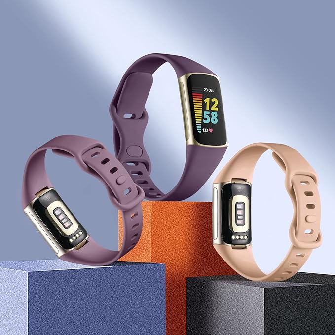 Maledan Slim Band Compatible with Fitbit Charge 5 Bands for Women Men, Durable Flexible Silicone Sport Wristband for Fitbit Charge 5/Charge 6 Fitness Tracker, 3 Pack Milk Tea/Smoke Violet/Midnight