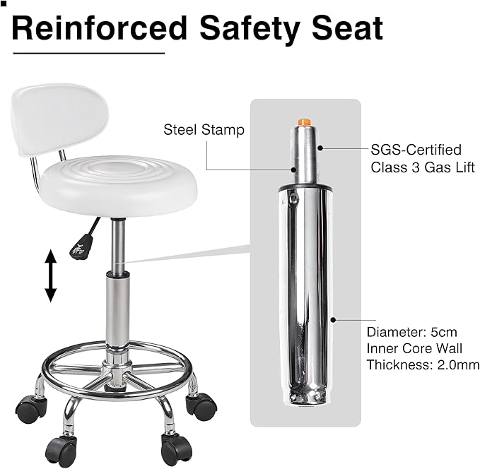 VECELO Salon Rolling Stool, Spa Chair with Backrest, Hydraulic Height Adjustable from 19.7" to 25.8" with 300 lb Capacity, for Salon, Spa, Lab (White)