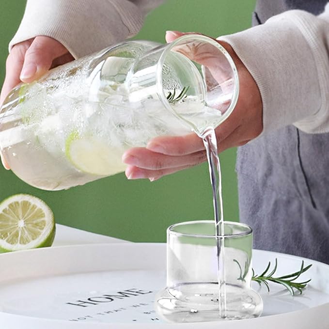 hjn Glass Pitcher Glass Water Carafe with Cup Lid, Fridge Water Jug Cold or Hot Beverages, Iced Tea, Milk, Juice 830ml/28oz & clear cup lid (Glass Pitcher-Gray cup lid)