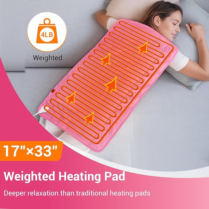 Comfytemp Weighted Heating Pad 17"×33" for Full Back & Leg, Extra Large Electric Heat Pad, Birthday Days Gifts for Mom Women Men Dad, Full Body Heated Pad with Ceramic Bead Filling, Pink
