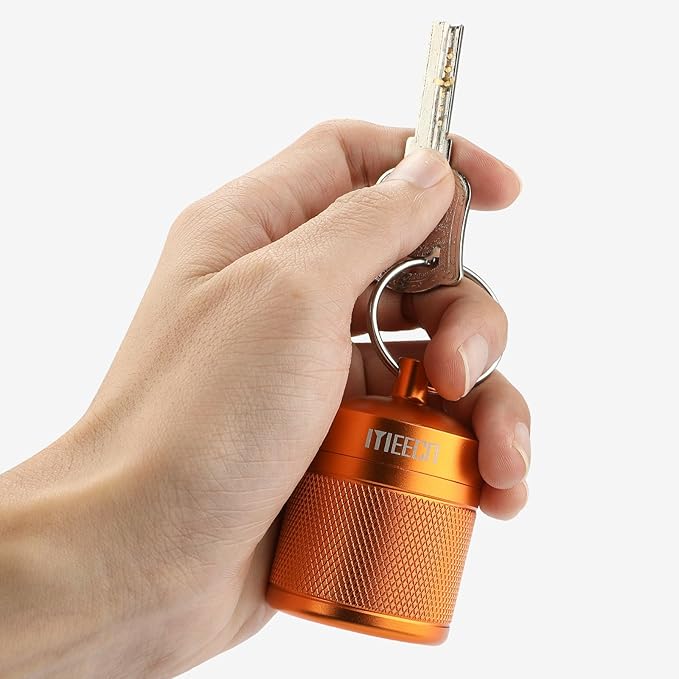 Keychain Pill Holder, Box, Aluminum, Waterproof Container, Pill Organizer for Outdoor Travel Camping, Size: 1.6 x 1.6 x 2 in (Orange)