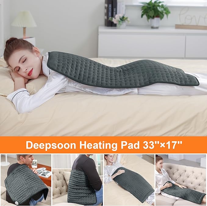 Deepsoon Heating Pad,Electric Heating Pads for Back,Neck,Abdomen,Moist Heating Pad for Shoulder,Knee,Arms,Legs,Dry/Moist Heat & Auto Shut Off,Christmas Gifts for Men and Women,Dark Gray,33x17 Inch