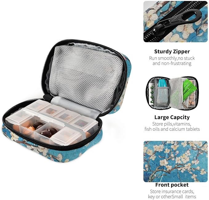 Travel Pill Case Almond Blossom Weekly Small Pill Box 7 Day Pill Box Pill Organizer Bag