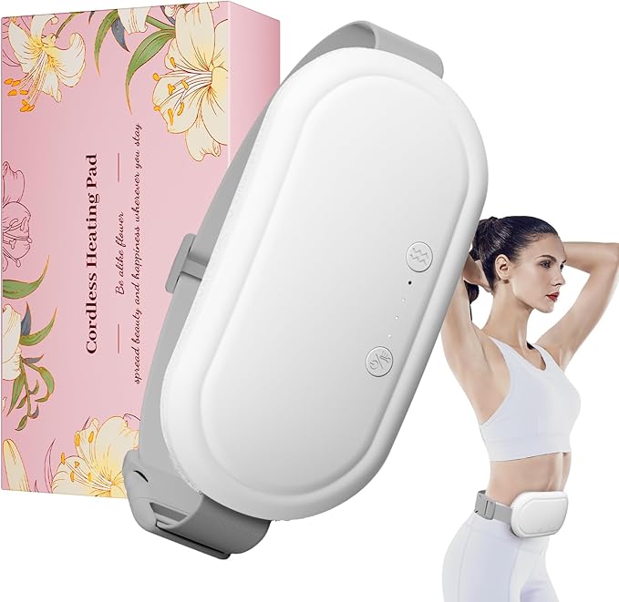 Portable Electric Heating Pad for Period Cramps,Menstrual Heating Pads with 4 Heat Levels and 4 Vibrating Modes for Women Stomach Pain Relief-White