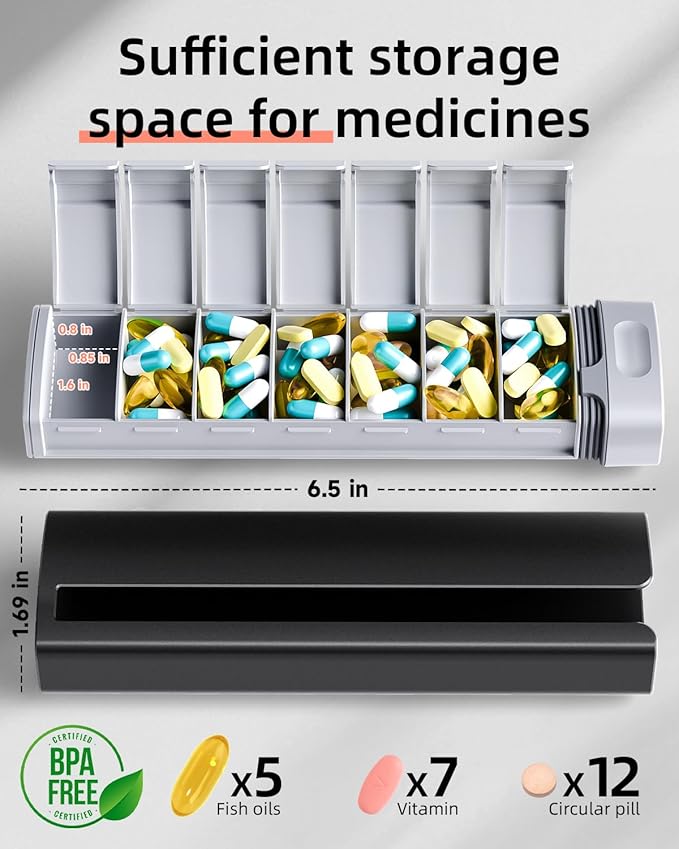 Travel Pill Organizer Weekly, 1 Time a Day ，Upgrade Premium Aluminum Alloy Daily Pill Box 7 Day, Portable Metal Pill Case, Cute Pill Holder to Hold Vitamins, Medicines, Pills, Supplements (Black)