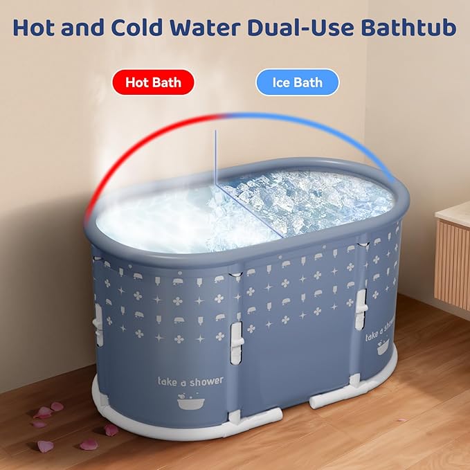 Portable Bathtub, Foldable Bathtub No Installation, Freestanding Shower Bathtubs with Cushion, Collapsible SPA Soaking Bath Tub, Hot & Ice Bath Tub for Indoor Outdoor (Pink White Grid)