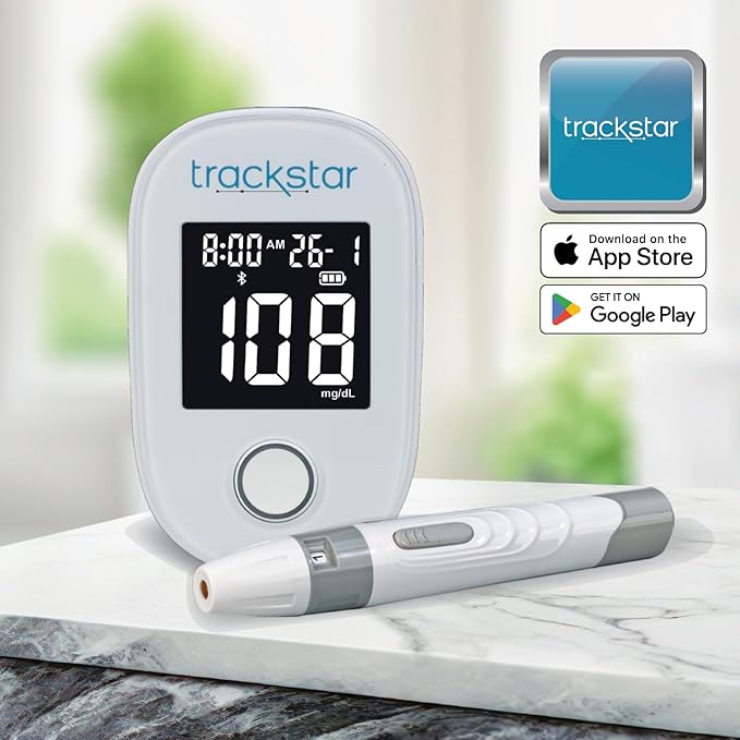 Trackstar Blood Glucose Kit | Monitor, Strips, Lancets, Lancing Device | Trackstar Monitoring App | Bluetooth iOS & Android Compatible | Measure, Track, and Share Results