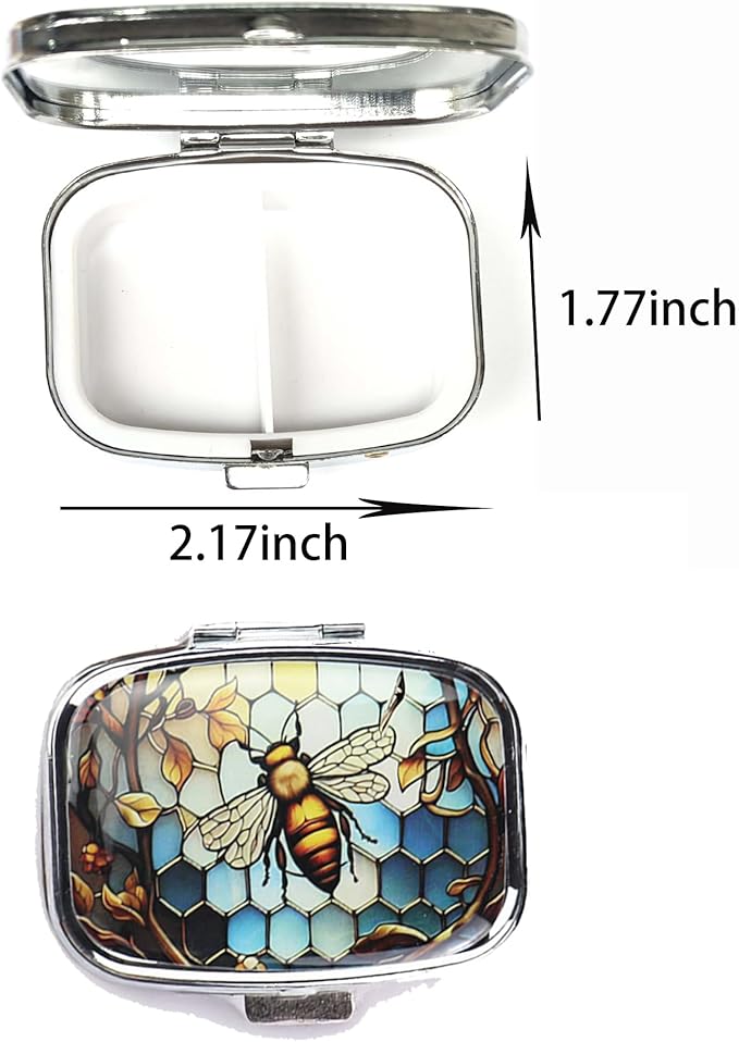 WATASSA Pill Box with Animal Style Mirror All-in-One 2-Compartment Portable Medicine Organizer, Marble Pattern Travel Pill Case for Vitamins&Daily Medication(Fits Pocket/Purse) (Amber Bee)