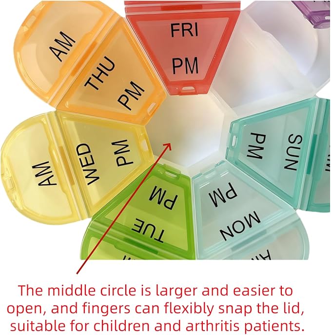Cute 7 Day AM PM Pill Organizer, Twice a Day Weekly Pill Box with 7 Color Coded Compartments, Flower Shape Portable Travel Pill Case for Vitamins, Supplements and Medications (Multicolor, Large)