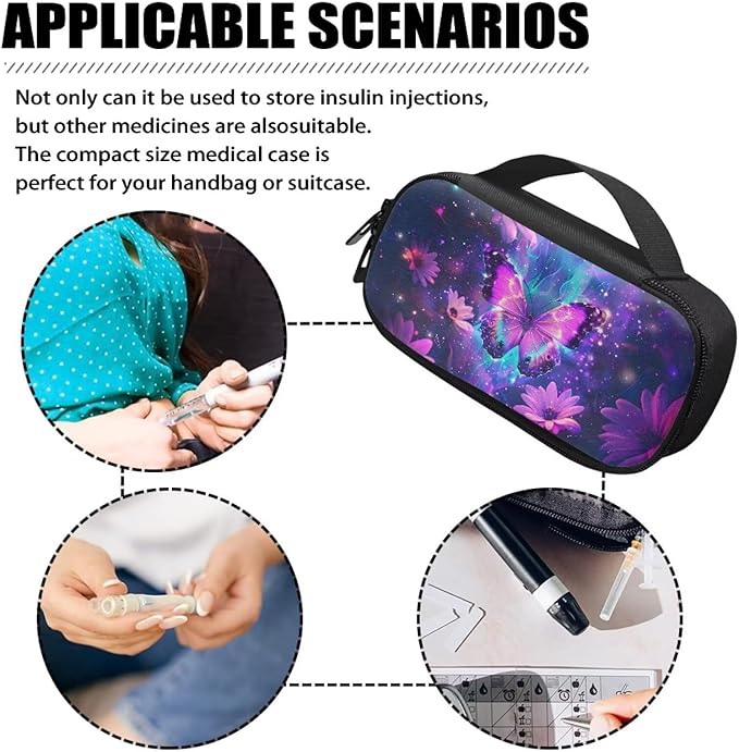 Purple Butterfly Flower Insulin Pen Cooler Travel Case Lightweight Glucose Meter and Diabetic Medication Cooler Storage Bag for Daily Life & Trip