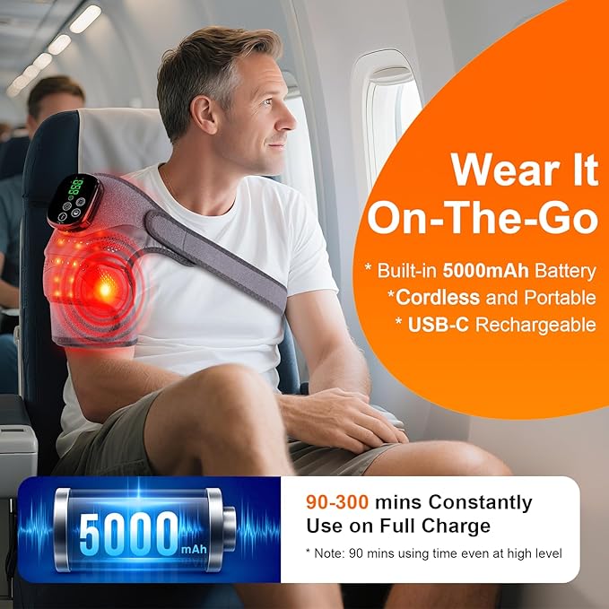 Knee Massager with Heat and Red Light Therapy and Vibration, 660nm & 850nm Infrared Red Light Therapy for Pain Relief, 5000mAh Protable Rechargeable Heated Brace for Knee, Joint, Elbow, Shoulder