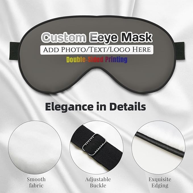 Custom Sleep Eye Mask Personalized Men Women Blindfold Design Your Own Photo Text Logo Adjustable Strap Soft Eyeshade Customized Blackout Eye Cover for Home Offices Travel Charcoal