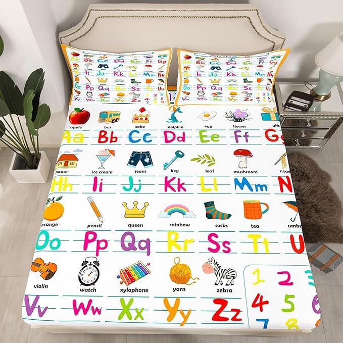 ABC Alphabet Bed Sheet Set Full Size, Cute Educational Learning Tool Fitted Sheet for Kids Toddler Cartoon Animal Bedding Set Learning Educational Bed Cover Lightweight Bed Set (No Flat Sheet)