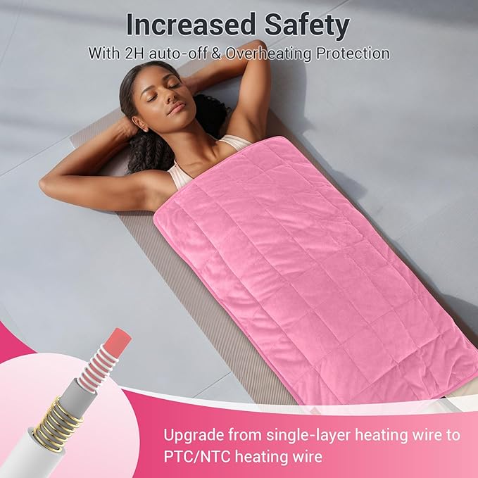 Comfytemp Far Infrared Large Heating Pad 17"×33" for Deeper Back & Period Relaxation, Weighted Electric Heat Pad with Evenly Filling Ceramic Bead for Better Fit, Mothers Day Gifts, XL Heated Pad, Pink